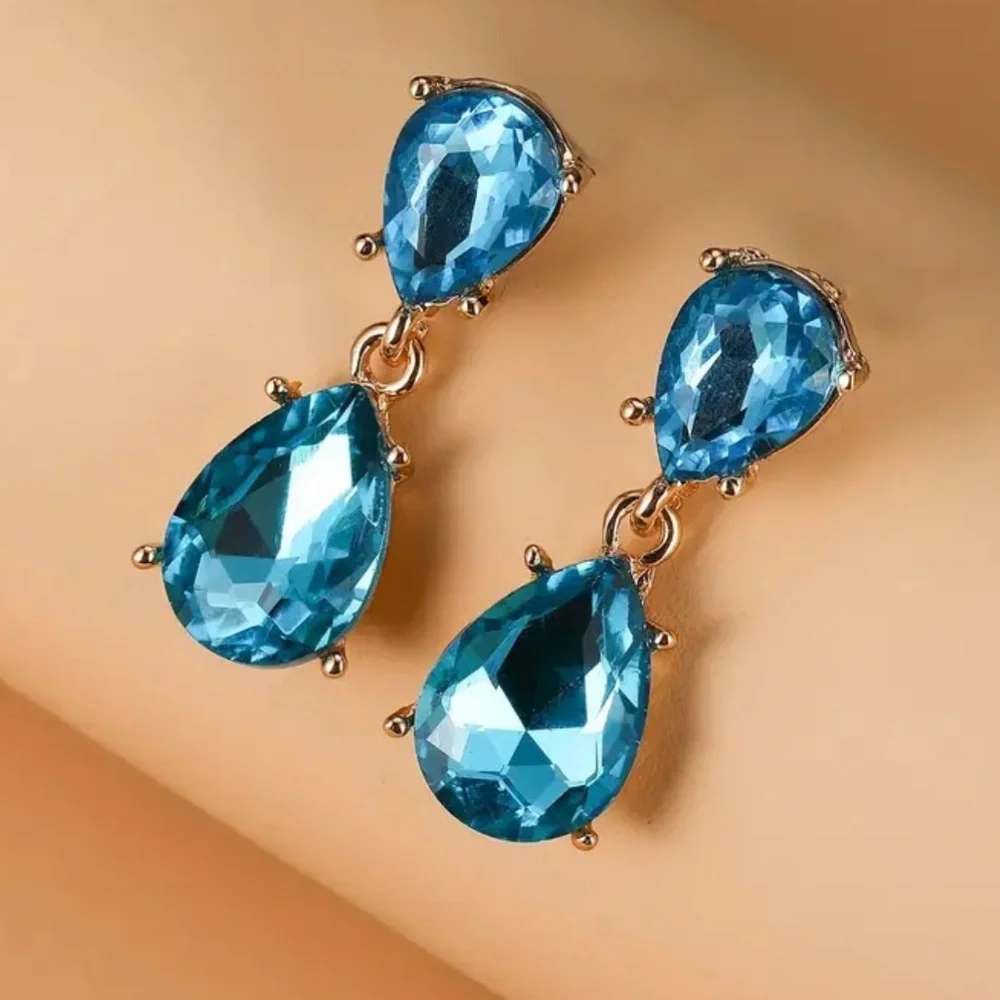 NEW Retro Style Teardrop Large Aquamarine Gold 18k Dangle Evening Drop Earrings